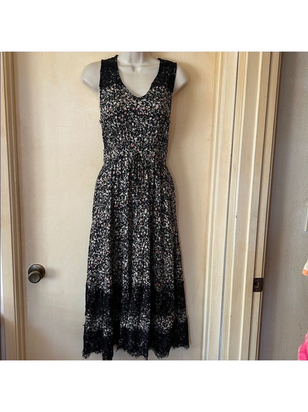 Anthropologie Ranna Gill Cynara Black Floral Midi Dress, XS-SP